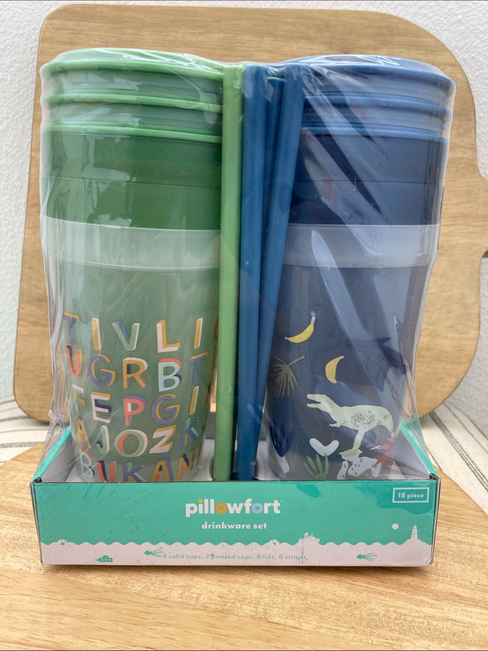 SALE! 50% Off NWT Pillowfort Green Alphabet & Navy Dinosaur Kids Cup Set of 6